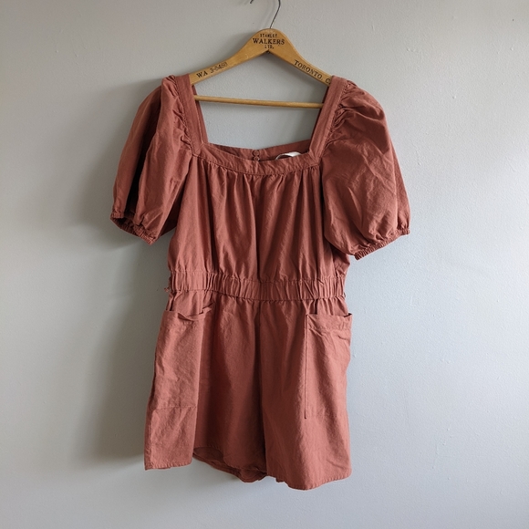 H&M Rust Brown Cotton Weave Puff Sleeve Playsuit - Picture 2 of 11